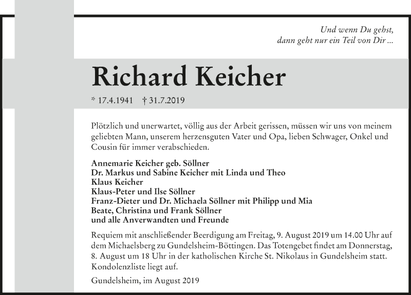  Traueranzeige für Richard Keicher vom 07.08.2019 aus 
