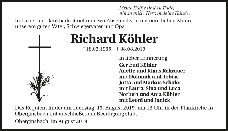  Traueranzeige für Richard Köhler vom 10.08.2019 aus 