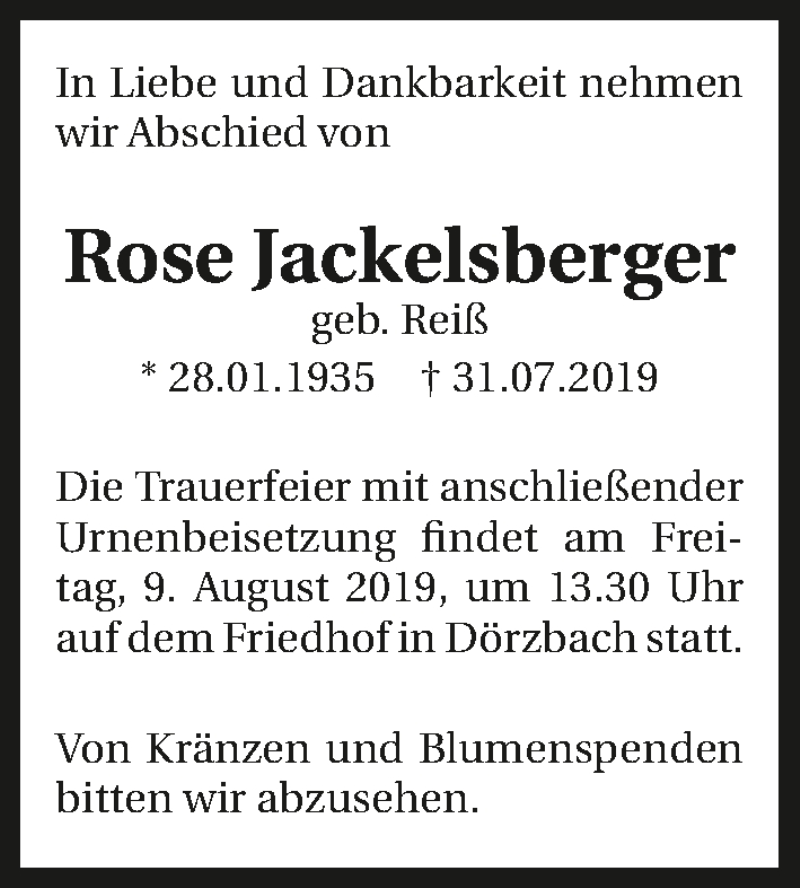  Traueranzeige für Rose Jackelsberger vom 08.08.2019 aus 