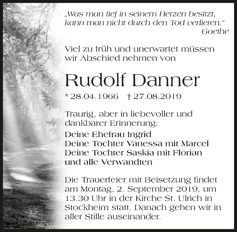  Traueranzeige für Rudolf Danner vom 31.08.2019 aus 