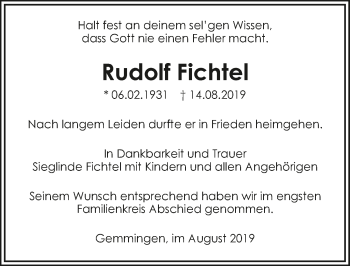 Traueranzeige von Rudolf Fichtel 