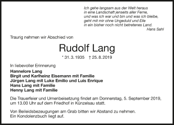 Traueranzeige von Rudolf Lang 