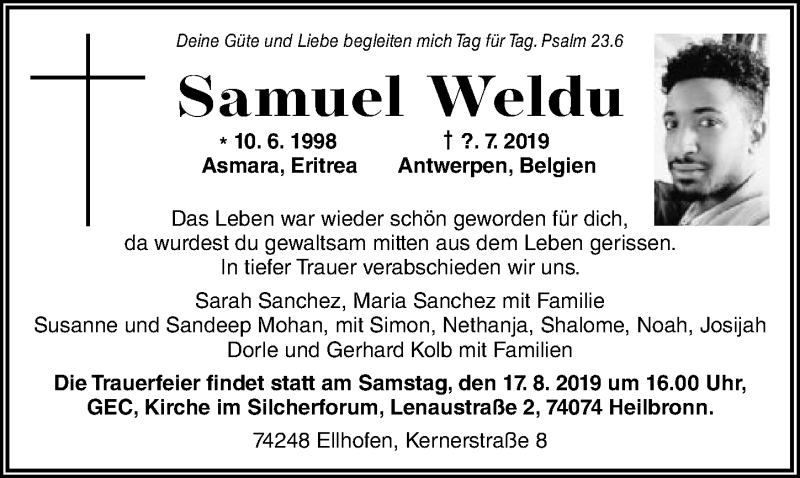  Traueranzeige für Samuel Weldu vom 10.08.2019 aus 
