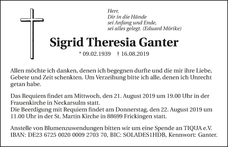  Traueranzeige für Sigrid Theresia Ganter vom 20.08.2019 aus 