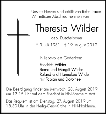 Traueranzeige von Theresia Wilder 