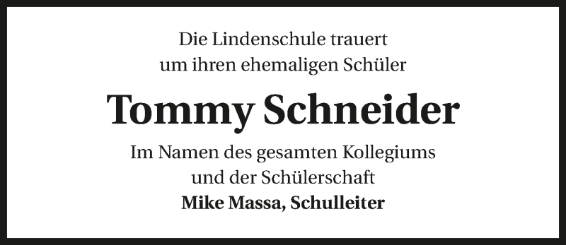  Traueranzeige für Tommy Schneider vom 28.08.2019 aus 