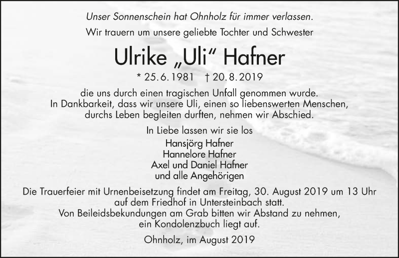  Traueranzeige für Ulrike Hafner vom 28.08.2019 aus 