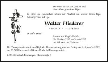Traueranzeige von Walter Hiederer 