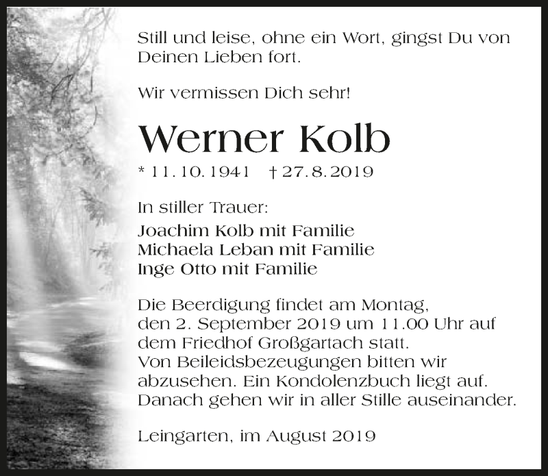  Traueranzeige für Werner Kolb vom 30.08.2019 aus 