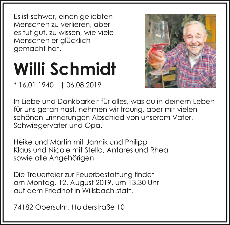  Traueranzeige für Willi Schmidt vom 08.08.2019 aus 