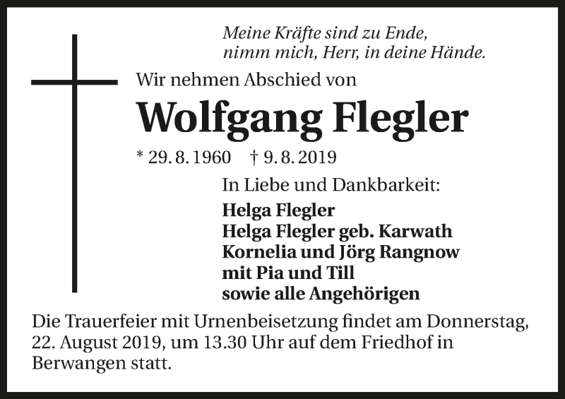  Traueranzeige für Wolfgang Flegler vom 17.08.2019 aus 
