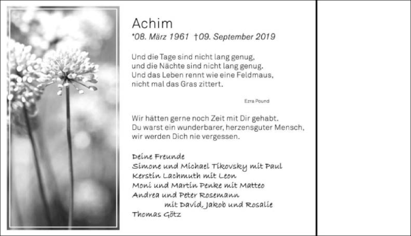  Traueranzeige für Achim Fegert vom 18.09.2019 aus 