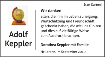Traueranzeige von Adolf Keppler 