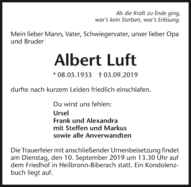  Traueranzeige für Albert Luft vom 07.09.2019 aus 