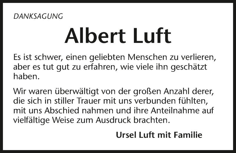  Traueranzeige für Albert Luft vom 14.09.2019 aus 