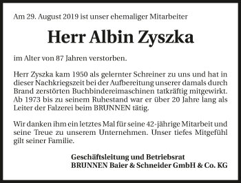 Traueranzeige von Albin Zyszka 
