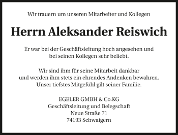 Traueranzeige von Aleksander Reiswich 