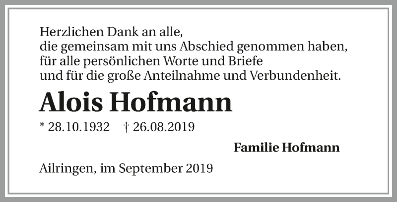  Traueranzeige für Alois Hofmann vom 26.09.2019 aus 
