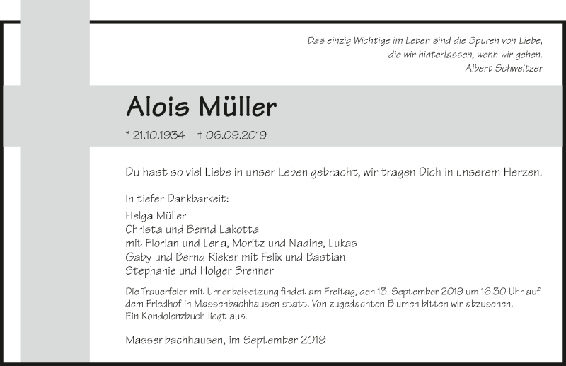  Traueranzeige für Alois Müller vom 10.09.2019 aus 
