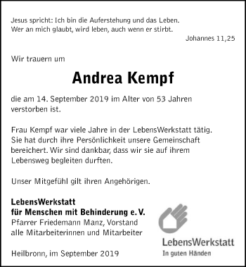 Traueranzeige von Andrea Kempf 