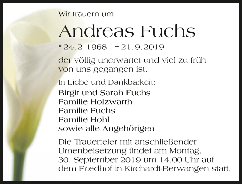  Traueranzeige für Andreas Fuchs vom 26.09.2019 aus 