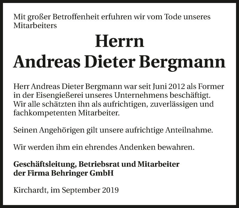  Traueranzeige für Andreas Dieter Bergmann vom 21.09.2019 aus 