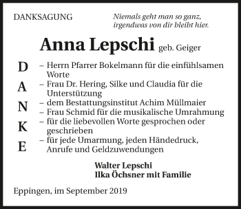Traueranzeige von Anna Lepschi 