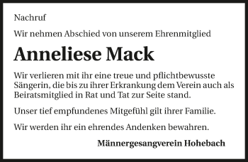 Traueranzeige von Anneliese Mack 