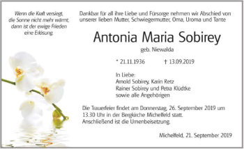 Traueranzeige von Antonia Maria Sobirey 
