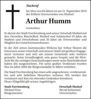 Traueranzeige von Arthur Humm 