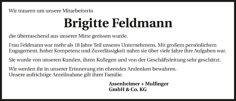  Traueranzeige für Brigitte Feldmann vom 07.09.2019 aus 
