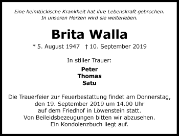 Traueranzeige von Brita Walla 