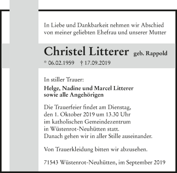 Traueranzeige von Christel Litterer 