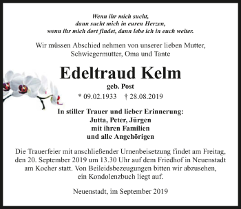 Traueranzeige von Edeltraud Kelm 
