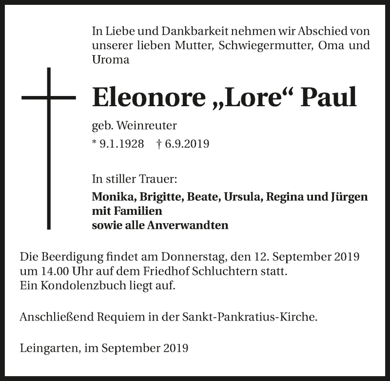  Traueranzeige für Eleonore Paul vom 10.09.2019 aus 