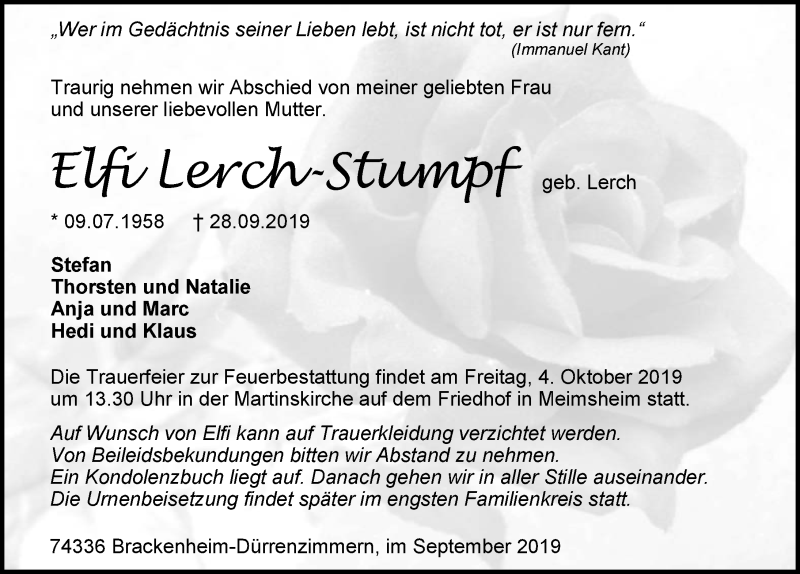  Traueranzeige für Elfi Lerch-Stumpf vom 01.10.2019 aus 