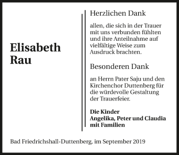 Traueranzeige von Elisabeth Rau 