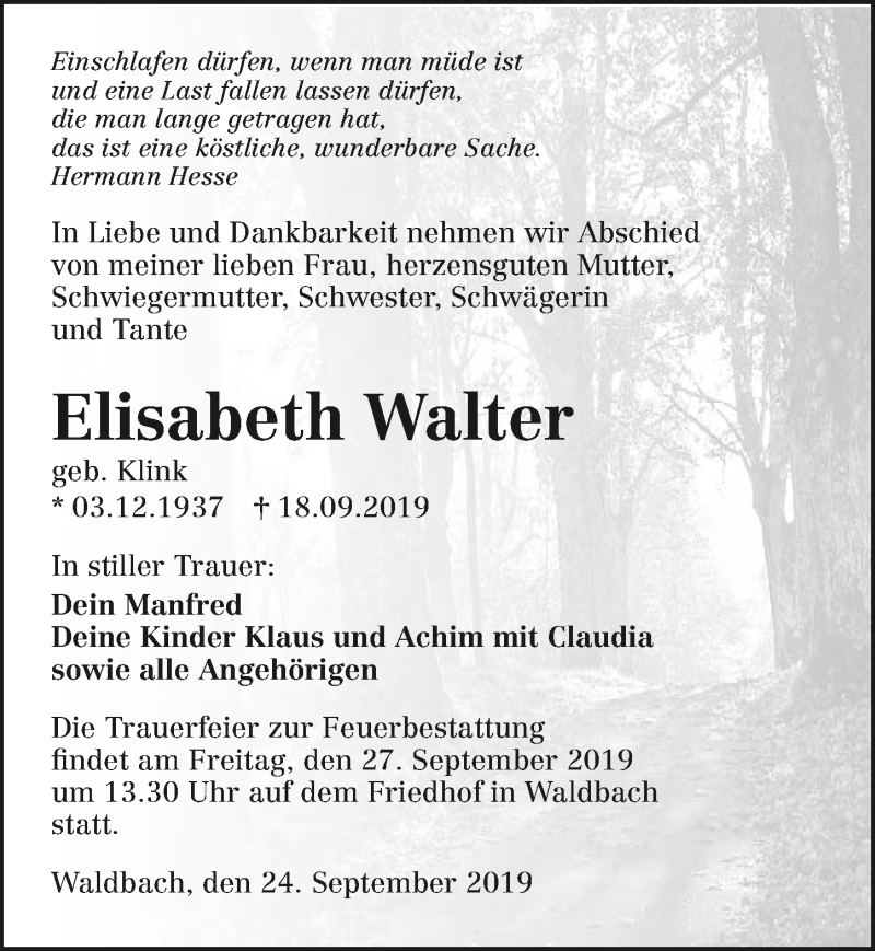  Traueranzeige für Elisabeth Walter vom 24.09.2019 aus 