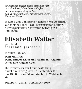 Traueranzeige von Elisabeth Walter 