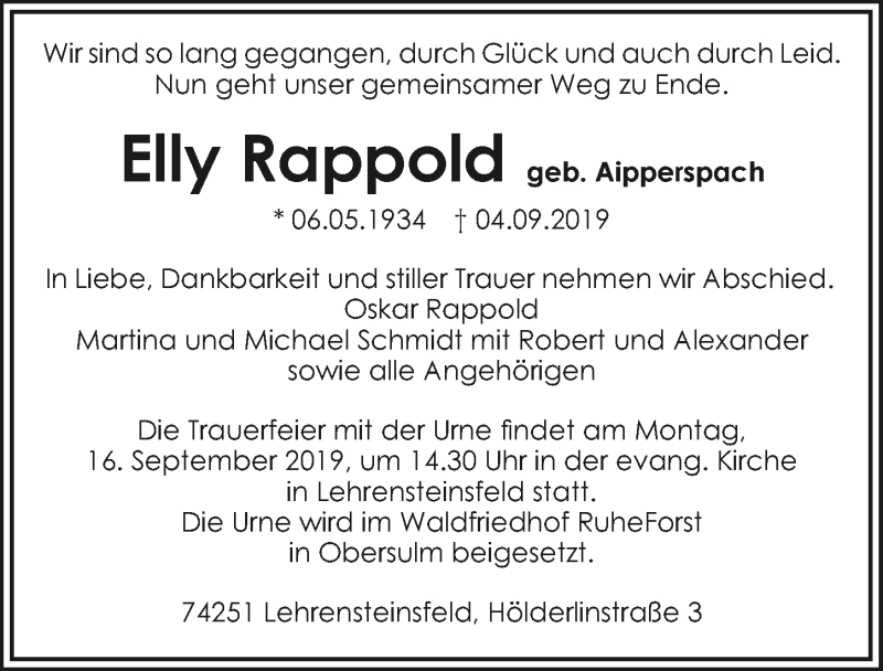  Traueranzeige für Elly Rappold vom 12.09.2019 aus 