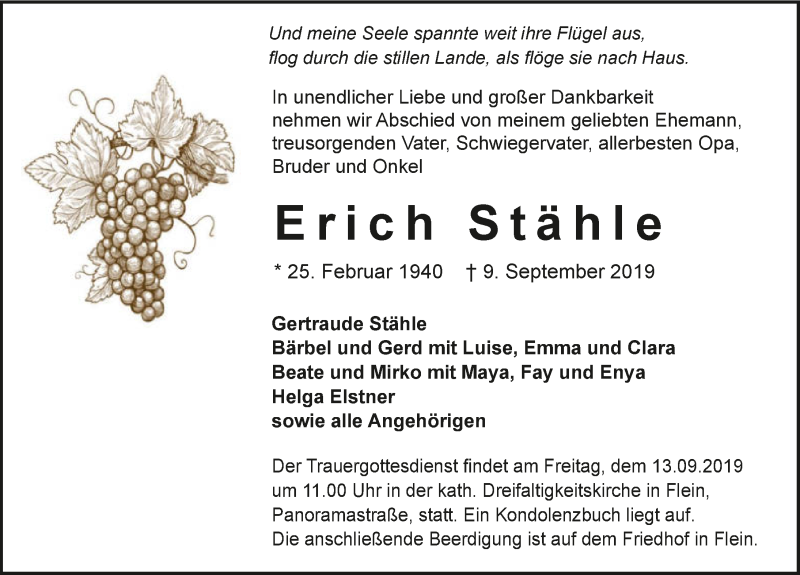  Traueranzeige für Erich Stähle vom 12.09.2019 aus 