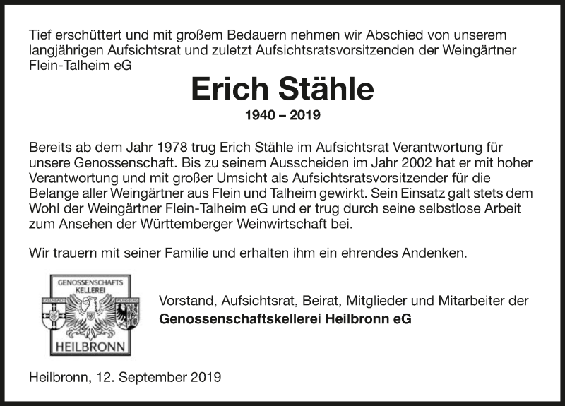  Traueranzeige für Erich Stähle vom 12.09.2019 aus 