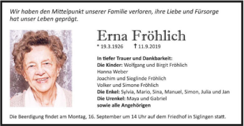 Traueranzeige von Erna Fröhlich 