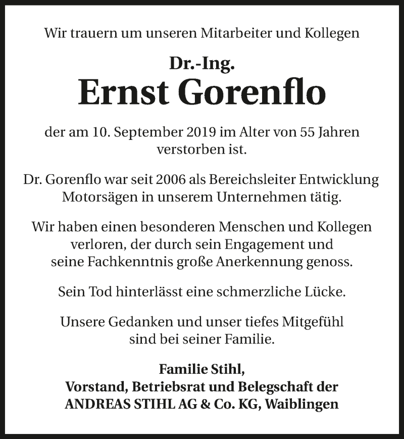  Traueranzeige für Ernst Gorenflo vom 17.09.2019 aus 