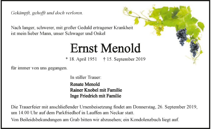  Traueranzeige für Ernst Menold vom 21.09.2019 aus 