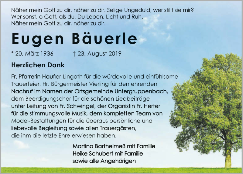  Traueranzeige für Eugen Bäuerle vom 07.09.2019 aus 