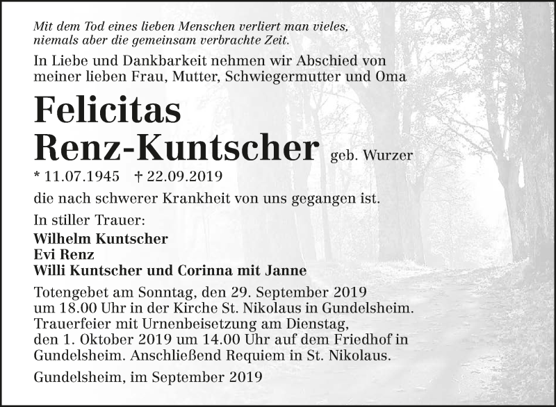  Traueranzeige für Felicitas Renz-Kuntscher vom 28.09.2019 aus 