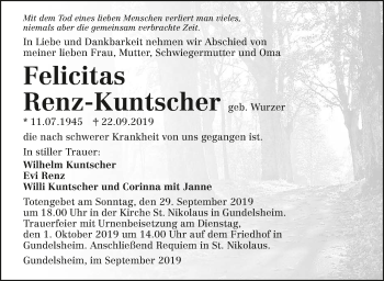 Traueranzeige von Felicitas Renz-Kuntscher 