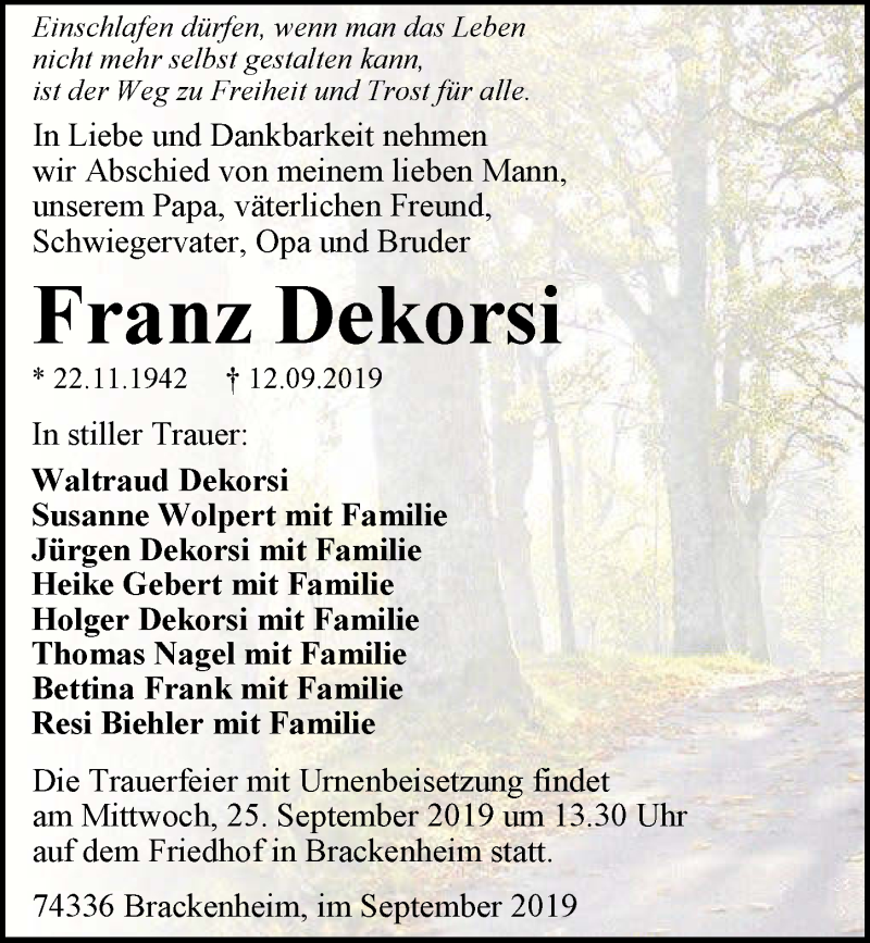 Traueranzeige für Franz Dekorsi vom 21.09.2019 aus 