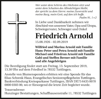 Traueranzeige von Friedrich Arnold 